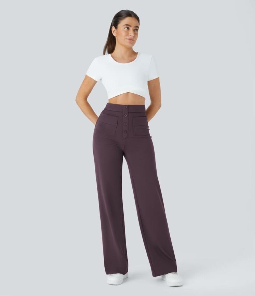 Halara Womens Large High Waisted Button Pockets Straight Leg Casual Pants